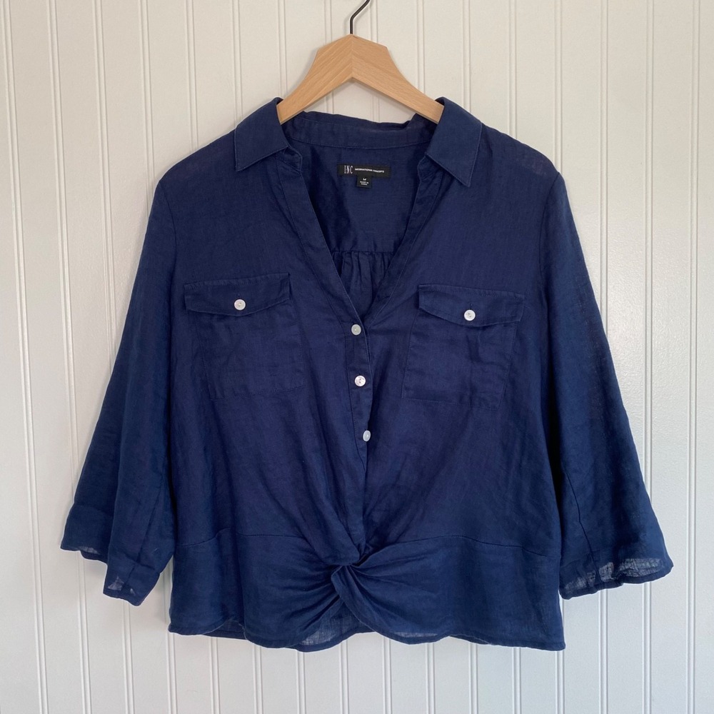 INC Womens 100% Linen Button Up Top Size M Resort Nautical Coastal Twist Front
